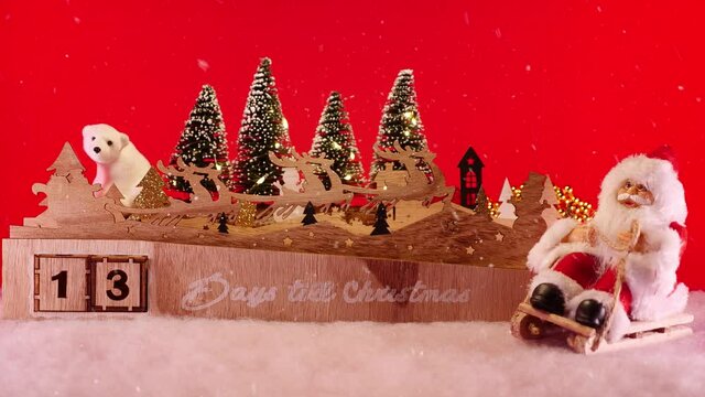 Christmas Advent Calendar, Days till Christmas countdown. Christmas magic village scenery with snow, Xmas trees. Waiting for winter holidays. 