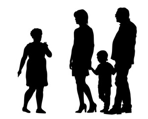 Families with little child walking on street. Isolated silhouettes of people on white background