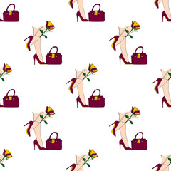 Pattern on white background. Continuous one line drawing purple bag with beautiful shoes and rose. Perfect for greeting cards, party invitations, posters, stickers, clothing.