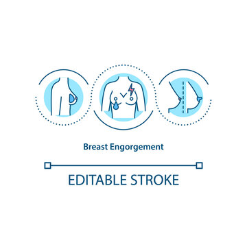 Breast engorgement concept icon. Breastfeeding challenge idea thin line illustration. Milk production. Hard, swollen, painful breasts. Vector isolated outline RGB color drawing. Editable stroke