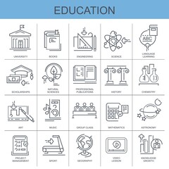 Education. Set of vector, linear, flat icons. The set contains icons such as sports, math books and other icons.