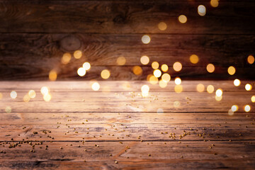 Rustikaler Holz Hintergrund mit Bokeh Lichtern  -  Weihnachten