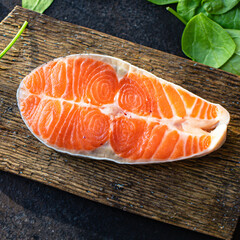 fresh salmon fish raw seafood omega 3 second course snack ready to eat on the table healthy meal snack ingredient top view copy space for text food background rustic diet pescetarian