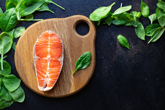 fresh salmon fish raw seafood omega 3 second course snack ready to eat on the table healthy meal snack ingredient top view copy space for text food background rustic diet pescetarian