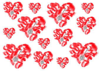 beautiful pattern of hearts of various sizes on a white background. red feathers and silver keys in the form of decorative elements. flat lay, top view, concept holiday