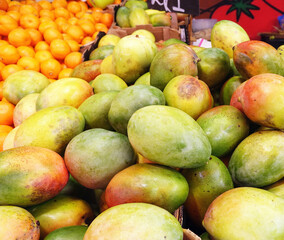 Green and yellow mango on the market