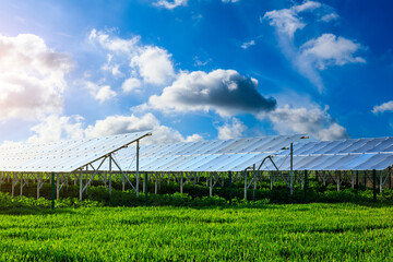 Solar power panels and natural landscape in sunny summer, Asia