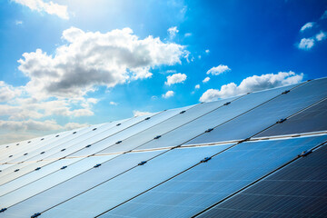 Solar power panels and natural landscape in sunny summer, Asia