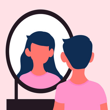 gender identity. transgender woman looks in the mirror. flat vector image.