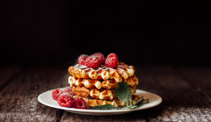 Belgian waffles with raspberries