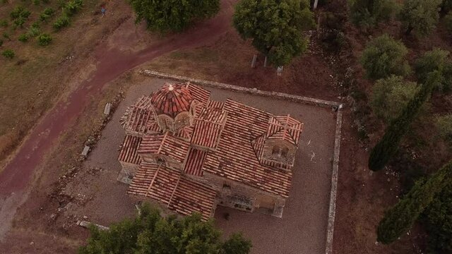 Aerial view of St. Samarina church in Messinia region at dusk