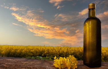 Bottle of rapeseed oil (canola) and rape flowers on table outdoors.