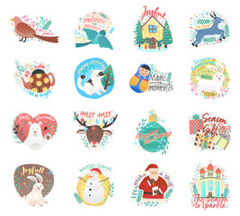 vector set of cute ornaments christmas time cartoon illustration greeting cards template. backgrounds big collection set with deer, rabbit, deer, and snowflakes and xmas elements.