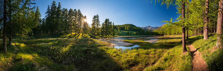 Sunset in the Queyras Nature Park with Lac de Roue lake late Spring -early Summer (panoramic). Arvieux, Hautes-Alpes, French Alps, France
