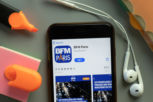 New York, USA - 1 December 2020: BFM Paris mobile app icon on phone screen top view, Illustrative Editorial
