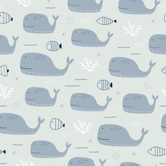 Whale and coral in the sea Seamless pattern cute cartoon animal background hand drawn in childish style Design used for print, wallpaper, fabric, fashion textile, vector illustration