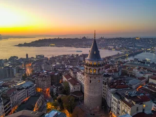 Keuken foto achterwand Tower Bridge Aerial Galata Tower at Sunset.  Galata Bridge and Golden Horn of Istanbul with beautiful colors at Sunset. 