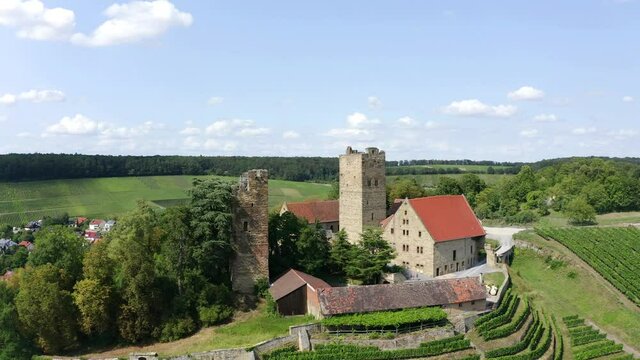 Drone shot of Neipperg Castle with vineyards, Germany