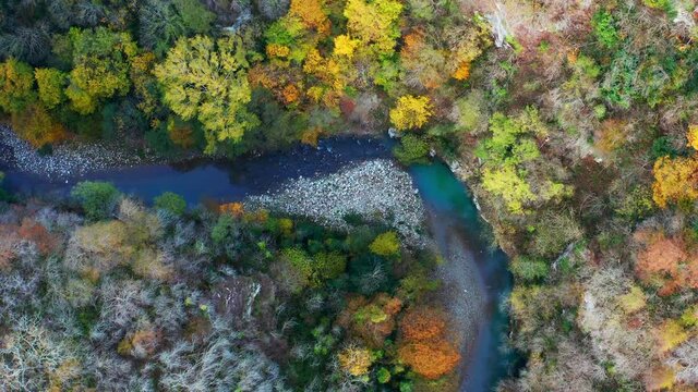 Khosta river in Russia. Aerial view of the river of Khosta in Caucasus Mountains in Russia