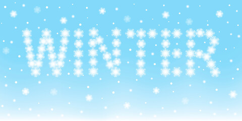 Shiny lettering Winter with snowflakes and snow - natural light blue background for holiday design