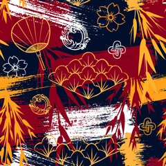 Asian pattern. Kabuki. Japanese doodles. Kabuki theatre elements. Kimono. Asia culture symbols. Oriental ornament. Chinise sketch. Fashion. China. Japan. Singapore. Korea. Vietnam. Fabric design.