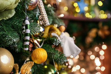 decorated christmas tree on blurred background with copy space
