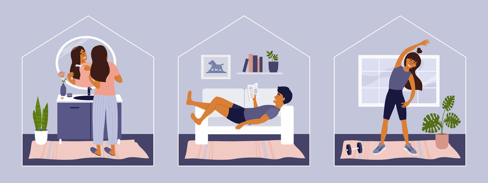 Stay at home concept. Leisure activity, workout, sport, self care. Man reading on sofa, girl doing exercise. Woman combing hair in bathroom. Set of lifestyle vector illustrations. Quarantine isolation