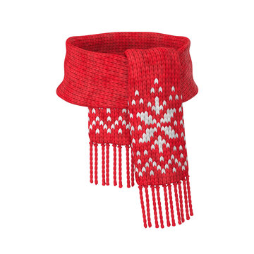 Red wool scarf with a white pattern on a white background, 3D render