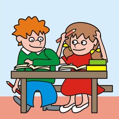 School children, boy and girl in classroom, vector humorous illustration