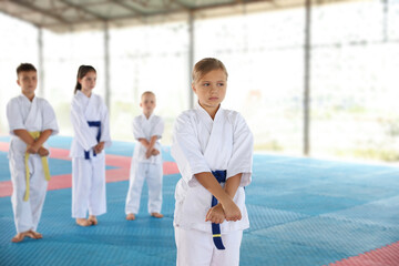 Girl in kimono during karate practice on tatami outdoors