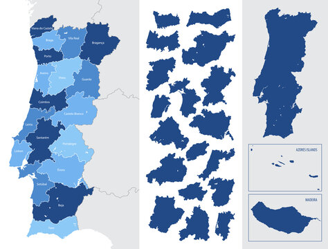 Detailed blue map of Portugal with administrative divisions, major cities on a white background, vector illustration