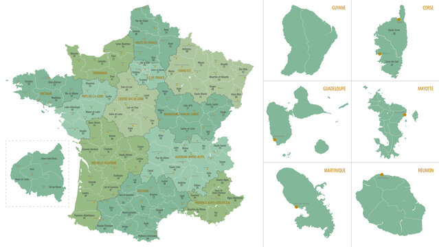 Detailed map of metropolis and overseas territories of France with administrative divisions into regions and departments, large cities of the country, vector illustration on a white background