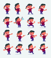 Cartoon character white little girl. Set with different postures, attitudes and poses, doing different activities in isolated vector illustrations
