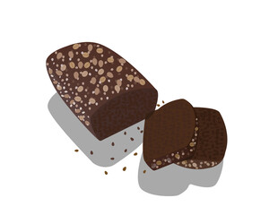 Brown bread with seeds isolated on white background. Cut into pieces. Bakery snack. Healthy tasty food. Vector illustration for design, decor, menu.