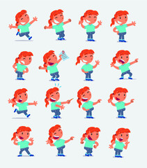Cartoon character white little girl. Set with different postures, attitudes and poses, doing different activities in isolated vector illustrations
