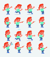 Cartoon character white little girl. Set with different postures, attitudes and poses, doing different activities in isolated vector illustrations
