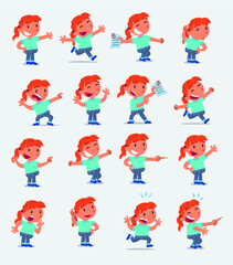 Cartoon character white little girl. Set with different postures, attitudes and poses, doing different activities in isolated vector illustrations
