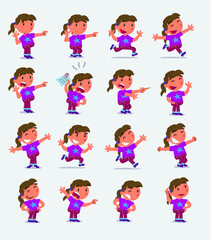 Cartoon character white little girl. Set with different postures, attitudes and poses, doing different activities in isolated vector illustrations
