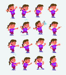 Cartoon character white little girl. Set with different postures, attitudes and poses, doing different activities in isolated vector illustrations
