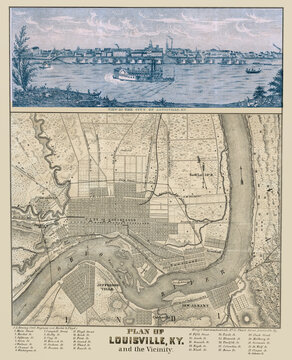 Louisville Kentucky map circa 1870. Show surrounding community and the Ohio River. Enhanced, restored reproduction of an old map that features a blue-toned panorama image of the city and the river.