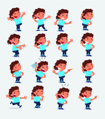 Cartoon character white little girl. Set with different postures, attitudes and poses, doing different activities in isolated vector illustrations