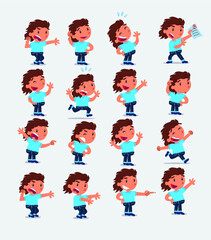 Cartoon character white little girl. Set with different postures, attitudes and poses, doing different activities in isolated vector illustrations