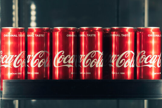 BANGKOK, THAILAND-November 30, 2020: Can of Coca-Cola in refrigerator . Coca-Cola is a carbonated soft drink sold in stores, throughout the world.