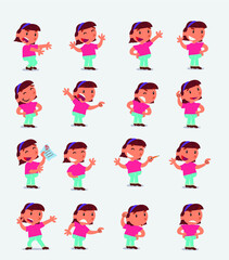 Cartoon character white little girl. Set with different postures, attitudes and poses, doing different activities in isolated vector illustrations