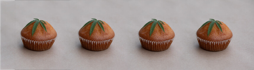 Pattern of cannabis leaf with cookies on kraft background.. Cannabis live resin extraction Medical marijuana concept. Banner