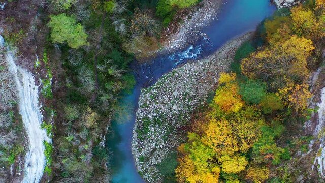 Khosta river in Russia. Aerial view of the river of Khosta in Caucasus Mountains in Russia
