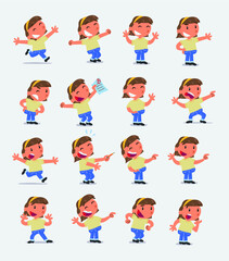 Cartoon character white little girl. Set with different postures, attitudes and poses, doing different activities in isolated vector illustrations
