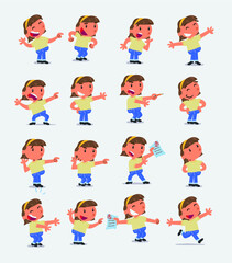 Cartoon character white little girl. Set with different postures, attitudes and poses, doing different activities in isolated vector illustrations