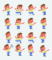 Cartoon character white little girl. Set with different postures, attitudes and poses, doing different activities in isolated vector illustrations