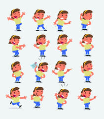 Cartoon character white little girl. Set with different postures, attitudes and poses, doing different activities in isolated vector illustrations
